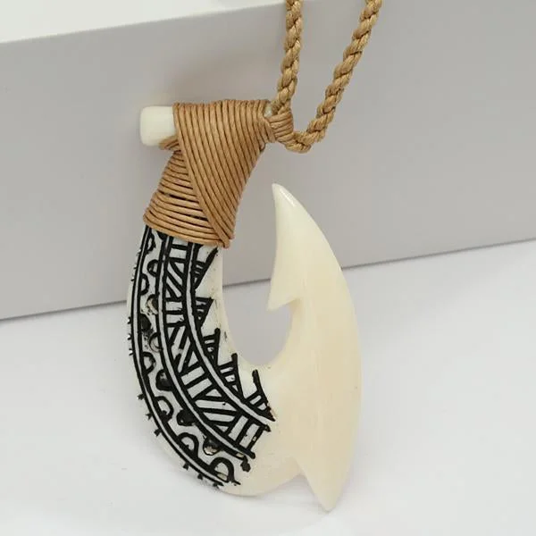 ladies-minimalist-gold-necklaces-29x52mm Buffalo Bone Fish Hook Necklace w/Black Enamel Carving