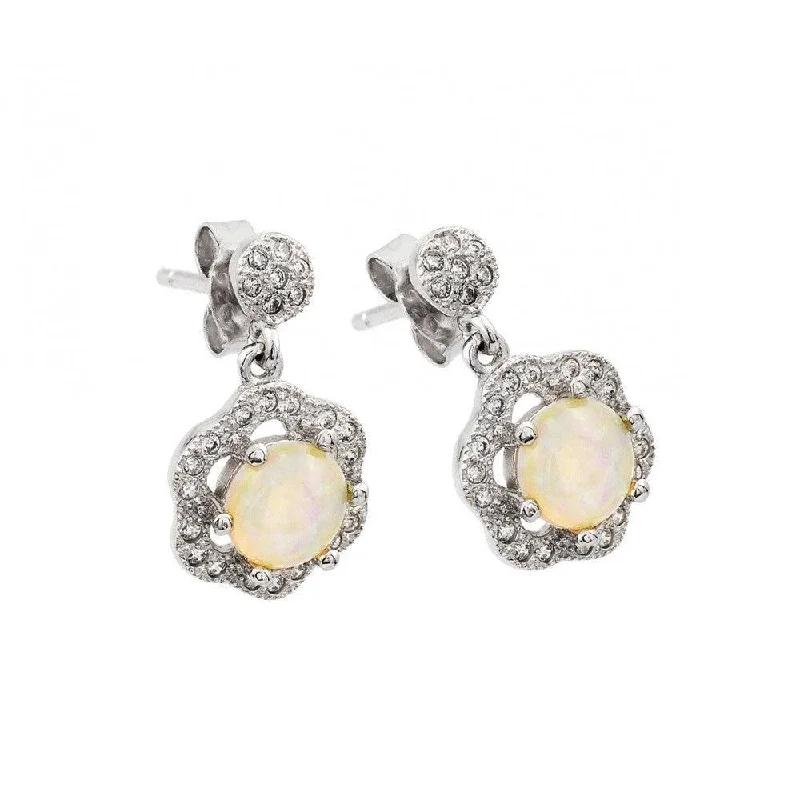 Ladies earrings sea tones -Silver 925 Rhodium Plated Round Flower CZ Pearl Dangling Stud Earrings - STE00942