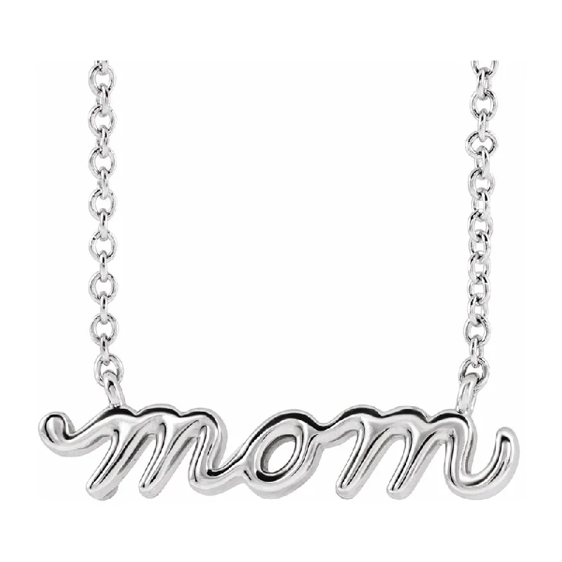 ladies-trendy-pearl-necklaces-14K White Gold Petite Mom Script Necklace, 16 Inch or 18 Inch