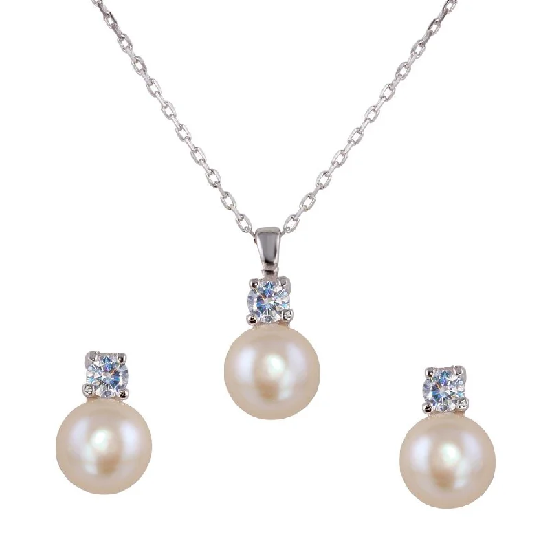 Ladies earrings graceful studs -Rhodium Plated 925 Sterling Silver Synthetic Pearl Earring and Necklace Set with CZ - BGS00530