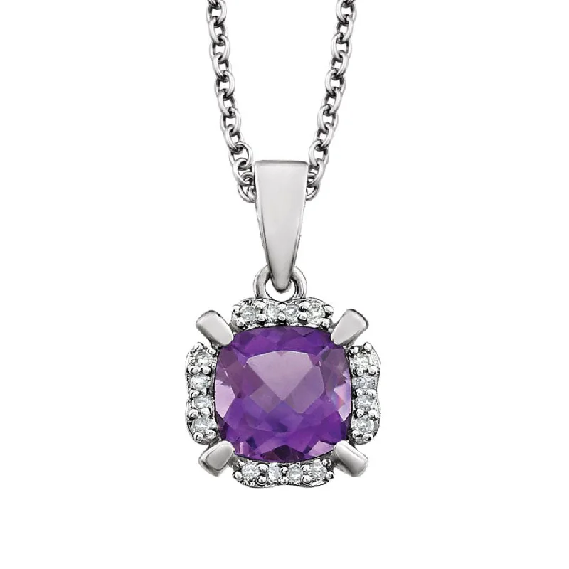 ladies-infinity-diamond-necklaces-Cushion Amethyst & Diamond Necklace in 14k White Gold, 18 Inch