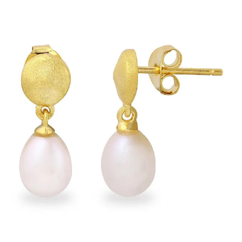 Ladies earrings folk patterns -Silver 925 Matte Finish Gold Plated Disc with Hanging Fresh Water Pearl Earrings - BGE00483