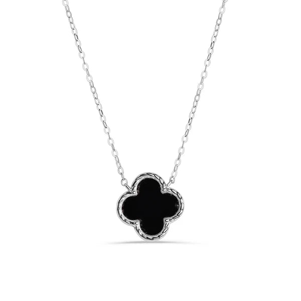 ladies-everyday-pearl-necklaces-Rhodium Plated 925 Sterling Silver Black Enamel Four Leaf Clover Adjustable Necklace