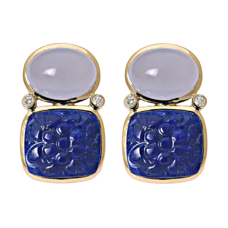 Ladies earrings with orange rubies -Earrings-Chalcedony, Lapis Lazuli and Diamond