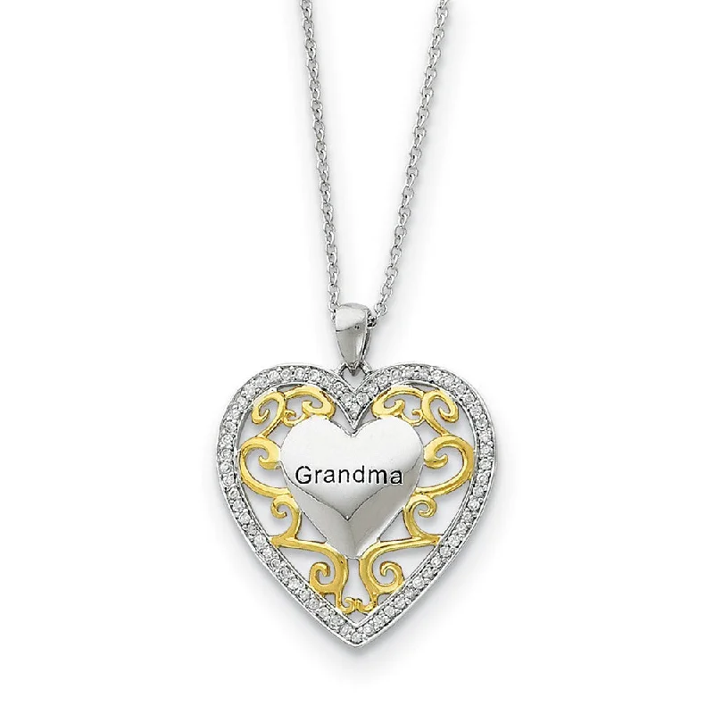 ladies-cross-diamond-necklaces-Rhodium & Gold Tone Plated Silver & CZ Grandma Heart Necklace, 18 Inch