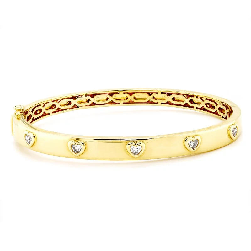 ladies-delicate-pearl-bracelets-YELLOW GOLD BANGLE BRACELET WITH HEART SHAPED DIAMONDS, .53 CT TW