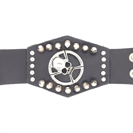 ladies-gemstone-link-bracelets-Black Leather Stainless Steel Skull And Crossbones Studded Bracelet / LBJ12414