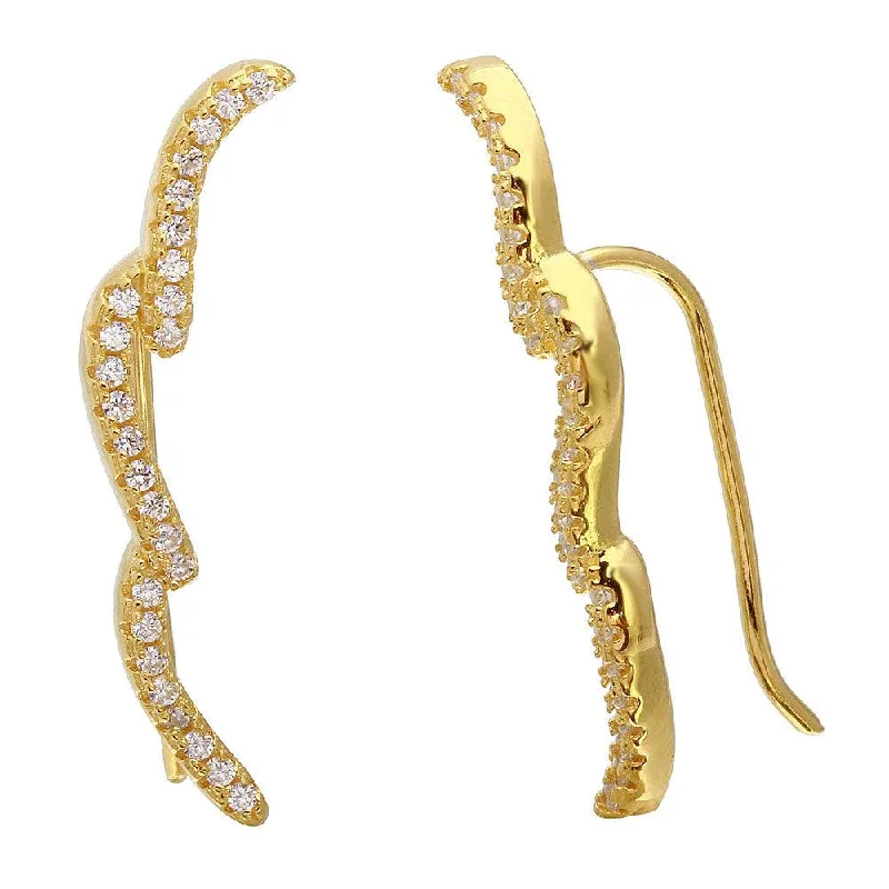 Ladies earrings for trade shows -Gold Plated 925 Sterling Silver 3 CZ Waves Climbing Earrings - STE01075GLD