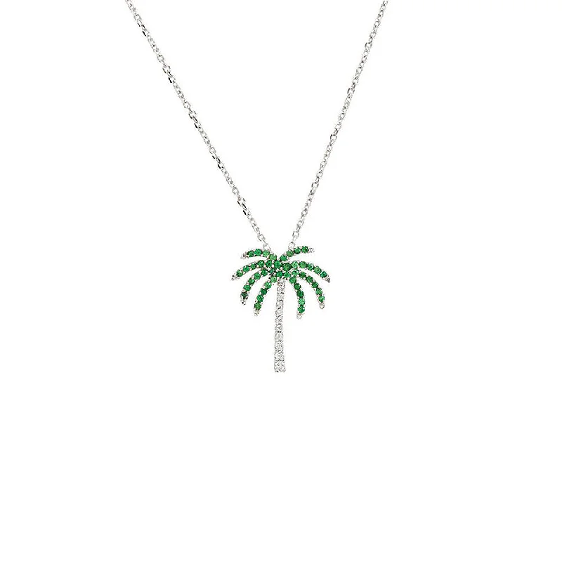 ladies-birthstone-layered-necklaces-Tsavorite Garnet & Diamond Palm Tree 14k White Gold Necklace, 16 Inch