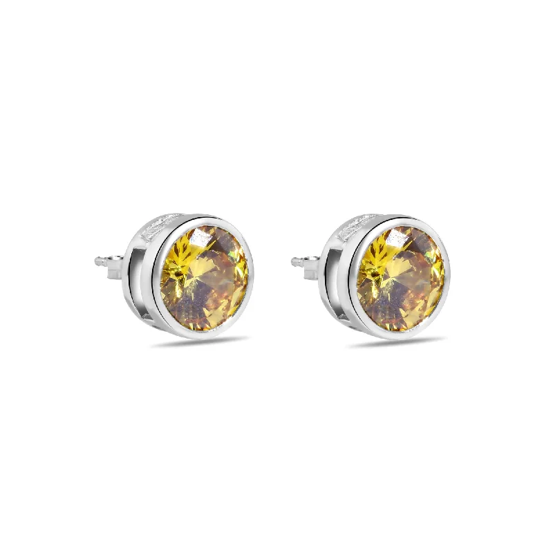 Ladies earrings for trail hikes -Final Price-Rhodium Plated 925 Sterling Silver Round Yellow CZ Earrings - STEM133