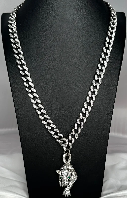 ladies-gift-diamond-necklaces-Silver Stainless Steel Iced Necklace with Luxurious Iced Panther Pendant - Exclusive