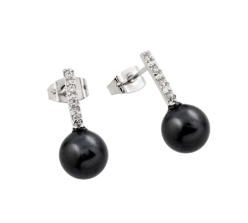 Ladies earrings for healers -Silver 925 Rhodium Plated Channel CZ Black Pearl Stud Earrings - BGE00344