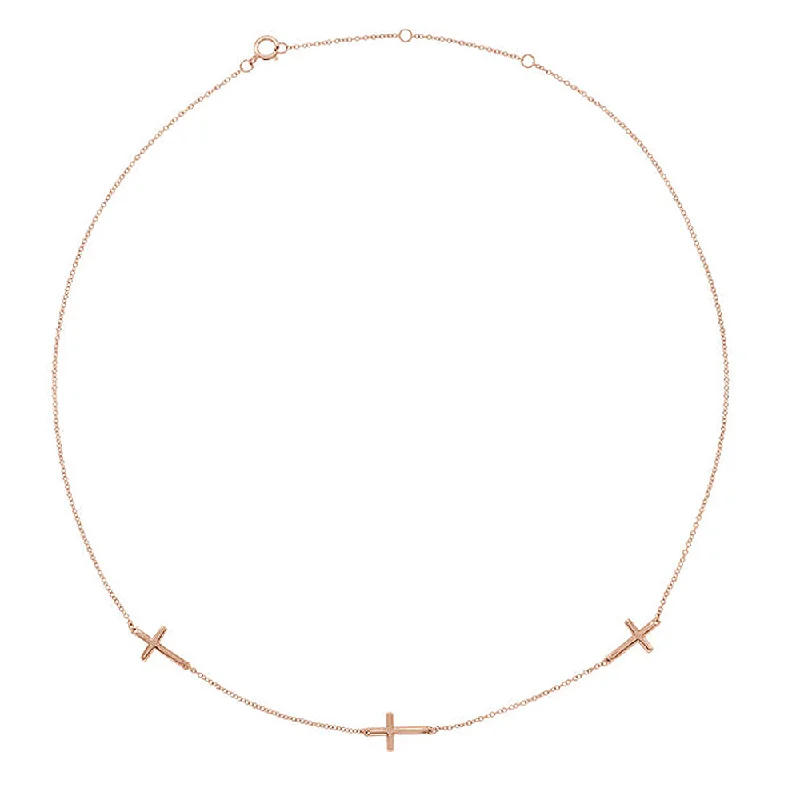 ladies-affordable-rose-gold-necklaces-14k Yellow, White or Rose Gold 3 Station Sideways Cross Necklace