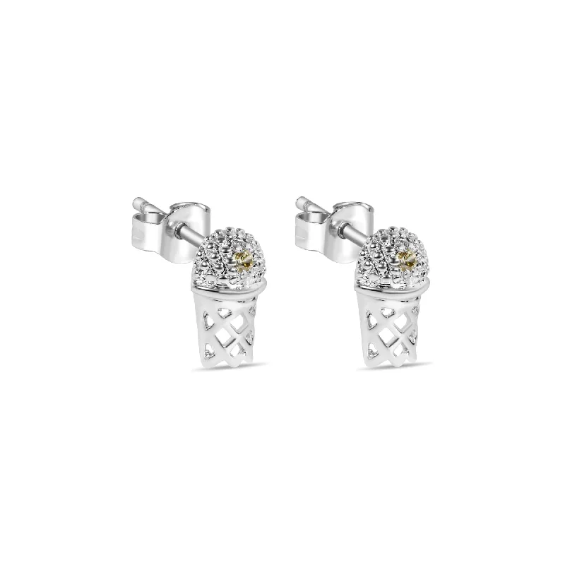 Ladies earrings for benefit nights -Final Price-Rhodium Plated 925 Sterling Silver Small Basketball Rim YLW CZ Earrings - STEM134-YL