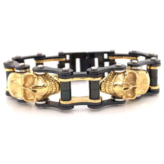 ladies-minimalist-rose-gold-bracelets-Stainless Steel Black And 18K Gold PVD Coated Skull Bracelet / WCB1003