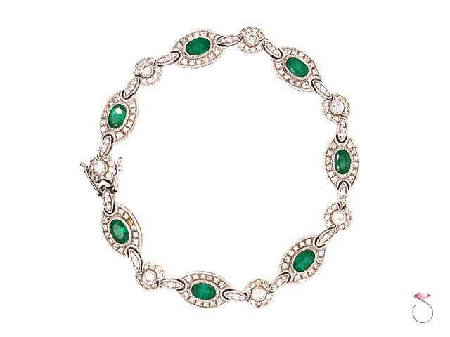 ladies-crystal-chain-bracelets-Colombia Emerald & Diamond Halo Tennis Bracelet, in 18K White Gold