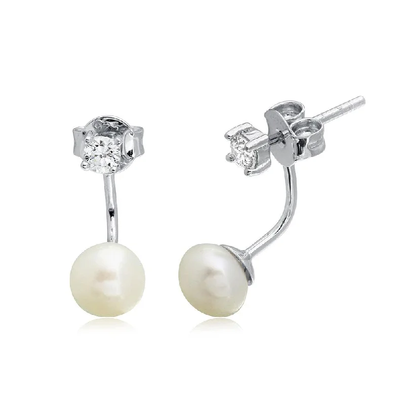 Ladies earrings trendy studs -Rhodium Plated 925 Sterling Silver CZ  Earrings with Hanging Fresh Water Pearls - BGE00473