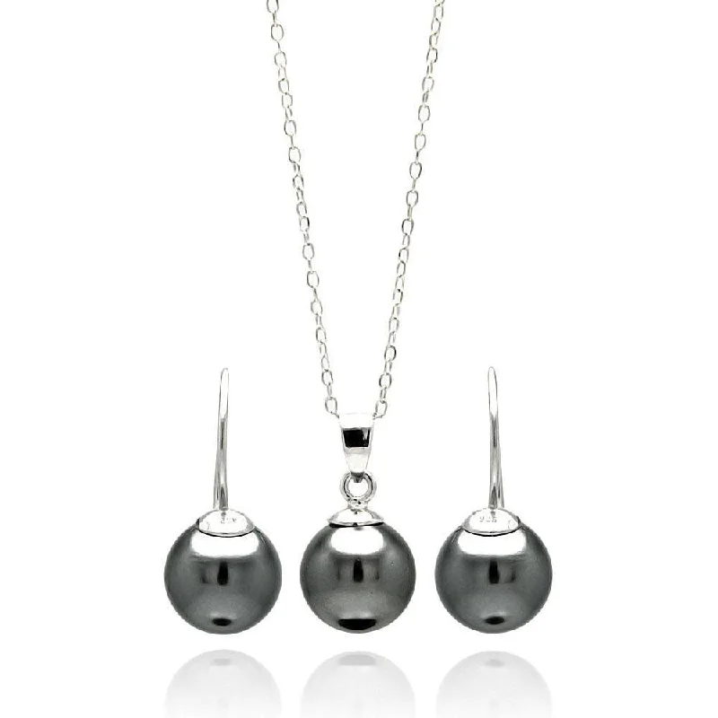 Ladies earrings leafy designs -Silver 925 Rhodium Plated Black Pearl Hanging Earring and Necklace Set - STS00460