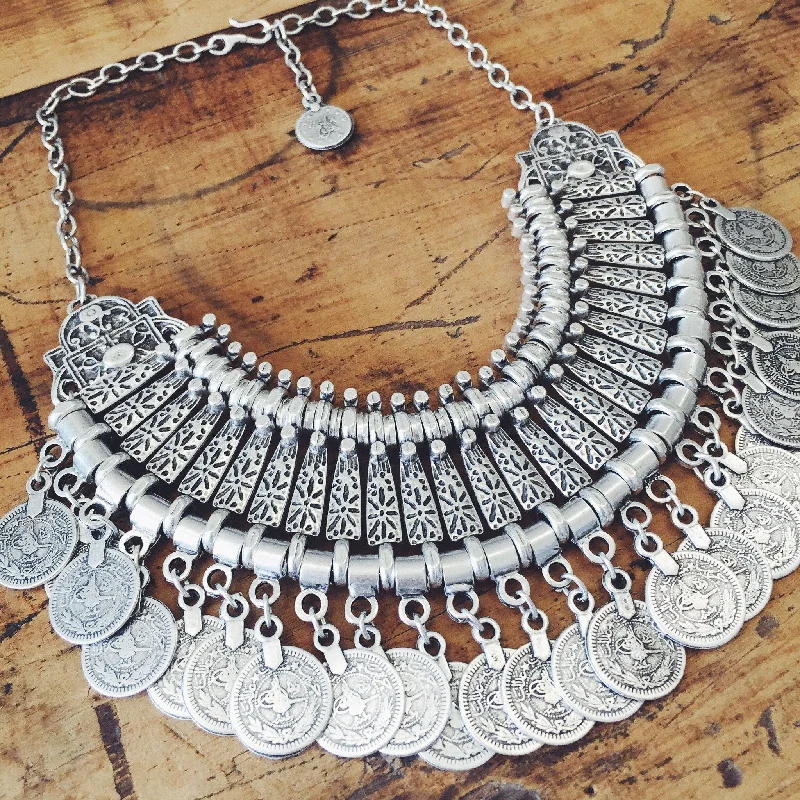 ladies-bridal-layered-necklaces-Ankara boho necklace with coins - short