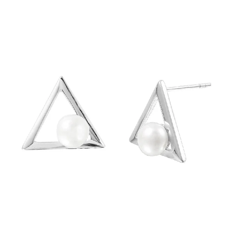 Ladies earrings with forest aventurine -Silver 925 Rhodium Plated Open Triangle Fresh Water Pearl Stud Earrings - STE01002