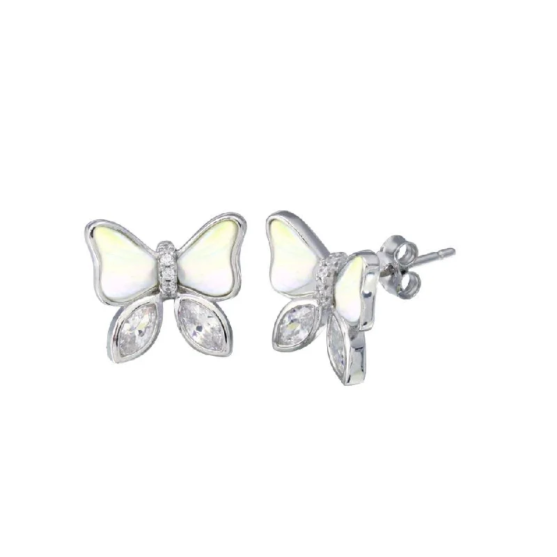 Ladies earrings cutting-edge designs -Rhodium Plated 925 Sterling Silver Simulated Pearl Clear CZ Butterfly Earring - STE01326