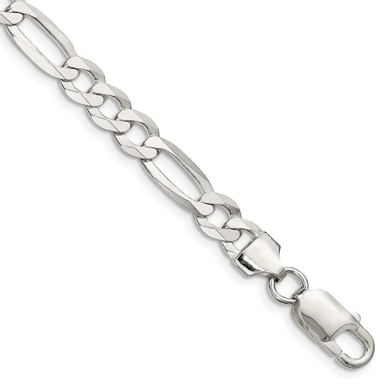 ladies-sterling-silver-cuff-bracelets-Sterling Silver 7.5mm Lightweight Flat Figaro Chain Bracelet