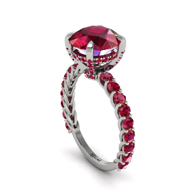 Ladies engagement rings for poetic love -Ruby Twisted Band Halo Engagement Ring - Avianna No. 57