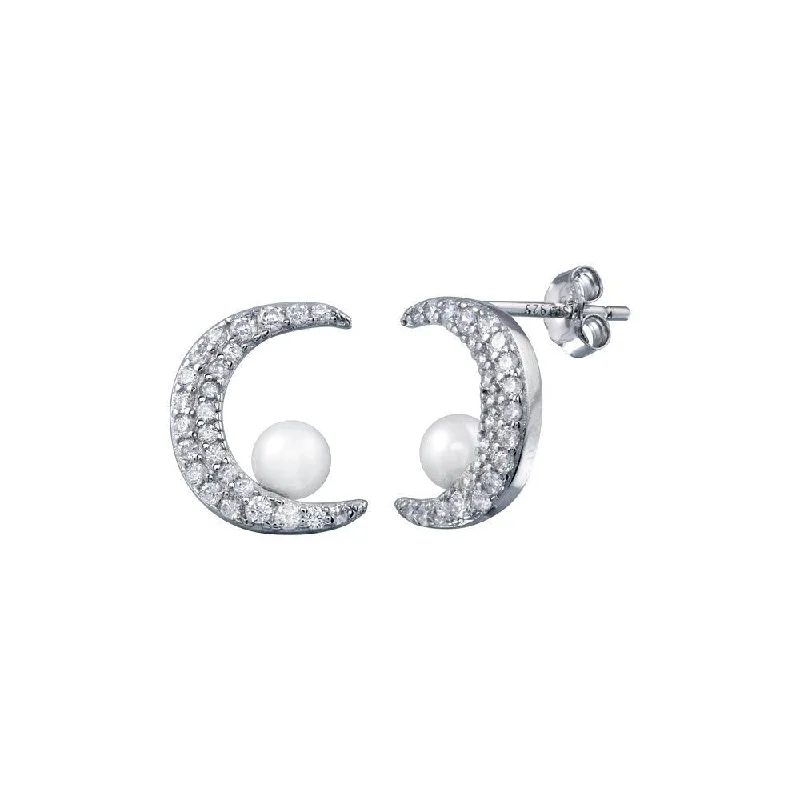 Ladies earrings for camp vibes -Rhodium Plated 925 Sterling Silver Crescent Moon Mother of Pearl and CZ Earring - STE01303