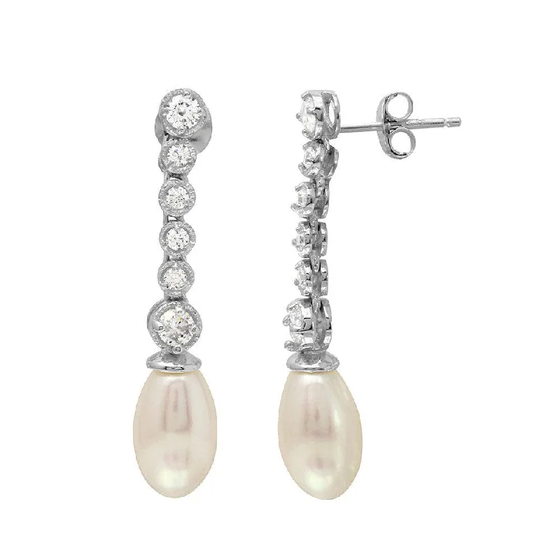 Ladies earrings with coral drops -Rhodium Plated 925 Sterling Silver Bubble Dangling Earrings with Fresh Water Pearl - BGE00513