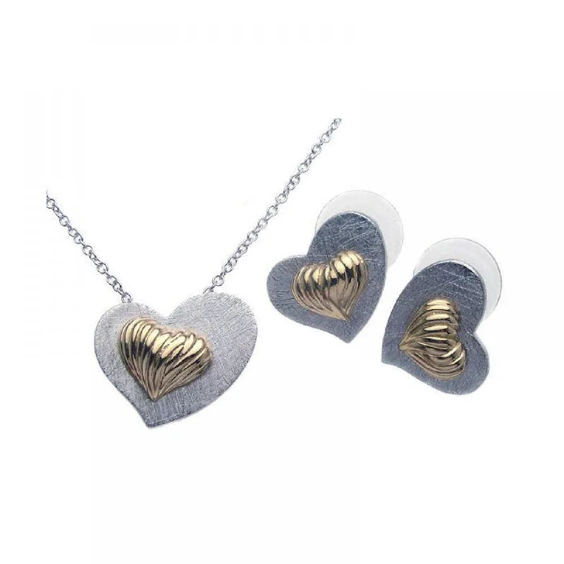 Ladies earrings with hare charms -Clearance-Silver 925 Rhodium and Gold Plated Matte Finish Shell Heart Stud Earring and Necklace Set - BGS00095