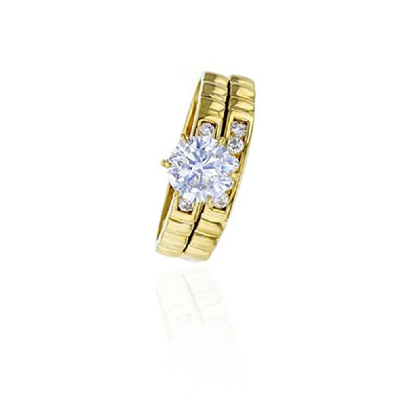 Ladies engagement rings for visionary love -Two-Piece Ridged Engagement & Wedding Ring Set (14K)