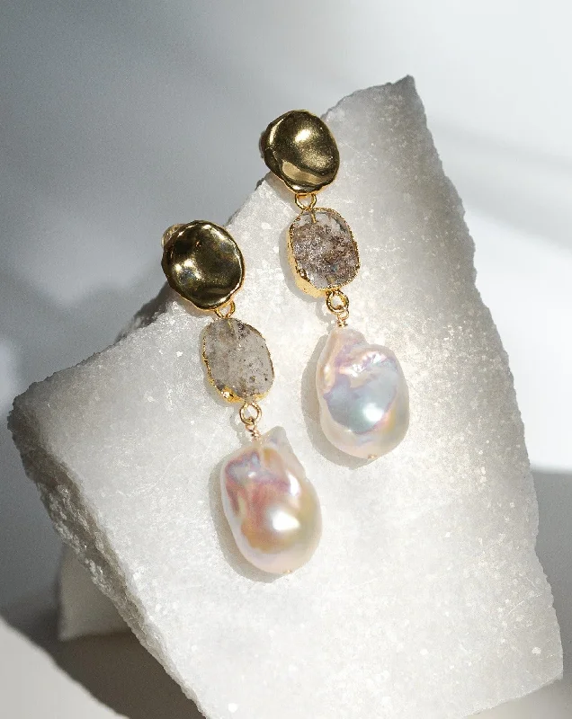 Ladies earrings cute drops -April | Herkimer Diamond Birthstones x Pearls Earrings