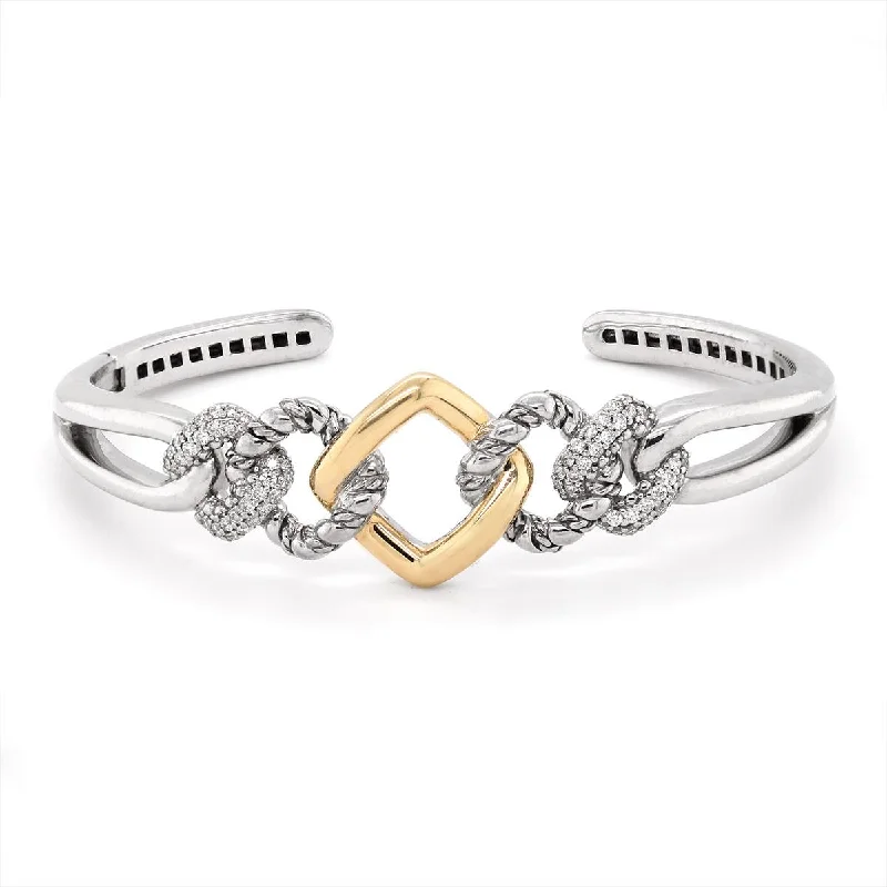 ladies-heart-link-bracelets-SILVER AND GOLD CHAIN LINK HINGED BANGLE BRACELET WITH DIAMONDS, .52 CT TW