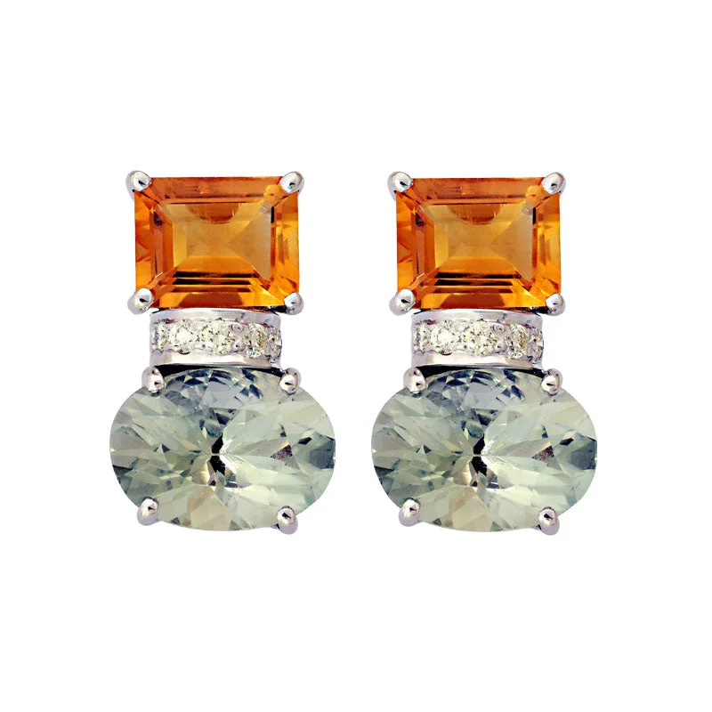 Ladies earrings elegant studs -Earrings-Citrine, Green Quartz and Diamond