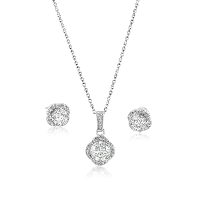 ladies-pearl-tassel-necklaces-Silver 925 Rhodium Plated Round Moissanite 0.5 Carat Earring and 1 Carat Necklace Sets