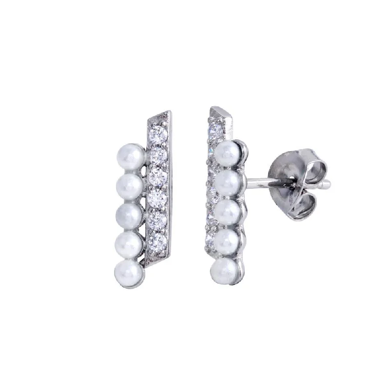 Ladies earrings for dance floors -Rhodium Plated 925 Sterling Silver Vertical Pearl and Clear CZ Earring - BGE00690