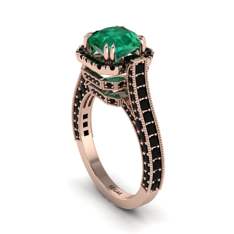 Ladies engagement rings narrow shanks -Emerald Three Halo Milgrain Engagement Ring - Mira No. 35