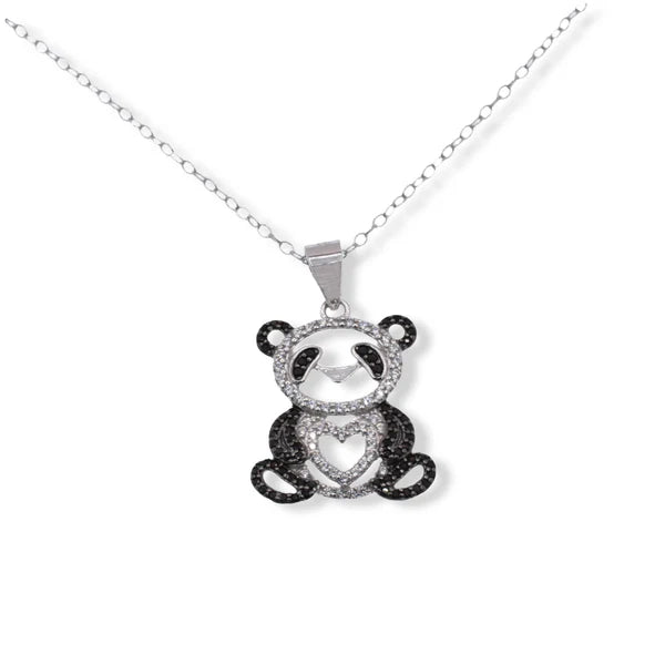 ladies-delicate-diamond-necklaces-Rhodium Plated 925 Sterling Silver Panda Heart Black and Clear CZ Pendant Necklace