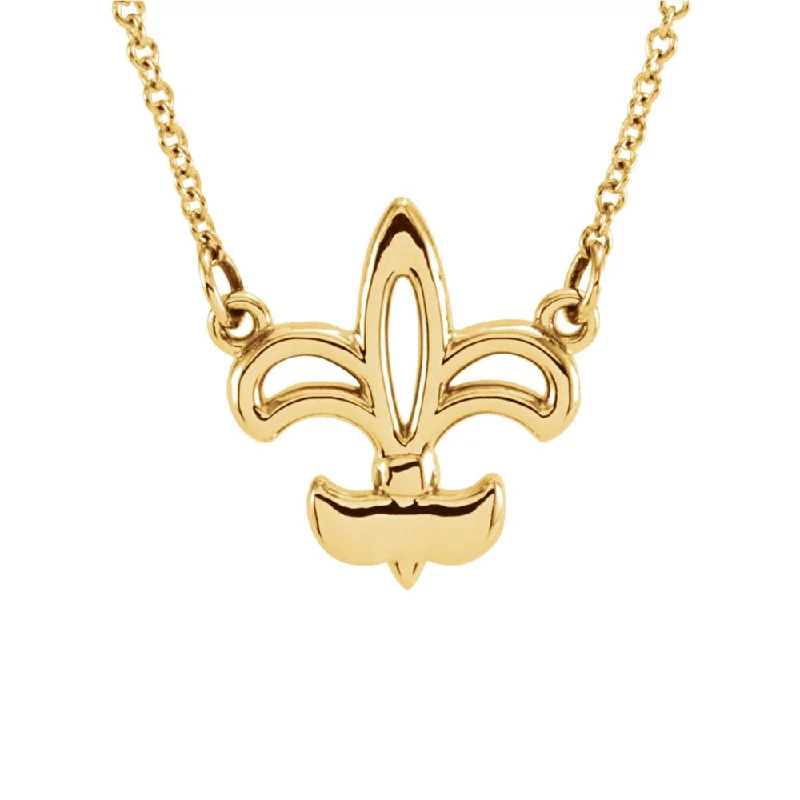 ladies-modern-tassel-necklaces-Polished Fleur De Lis Necklace in 14k Yellow Gold, 16 Inch