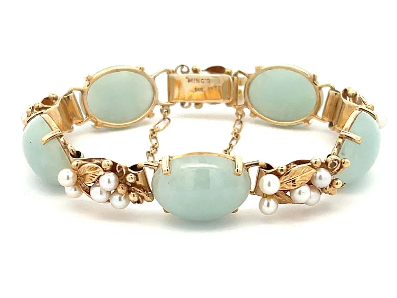 ladies-artisan-gold-bracelets-Mings Hawaii Oval Jade and Pearl Leaf Bracelet in 14K Yellow Gold