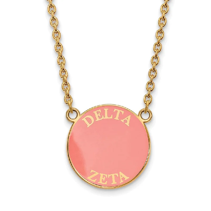 ladies-ethnic-silver-necklaces-14K Plated Silver Delta Zeta Large Pink Enamel Disc Necklace