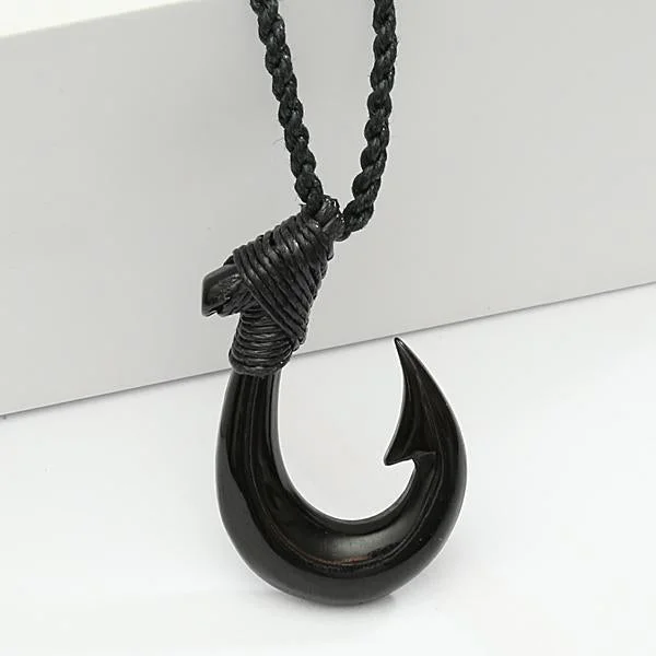 ladies-fashion-silver-necklaces-Black Bone Plain Fish Hook Necklace Black Cord 22x35mm