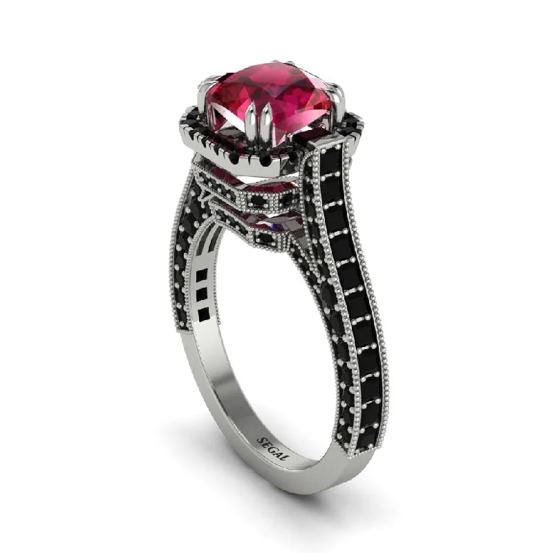 Ladies engagement rings for soulmate bonds -Ruby Three Halo Milgrain Engagement Ring - Mira No. 42