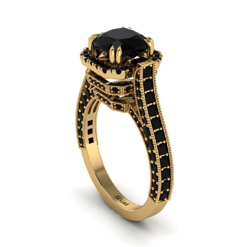 Ladies engagement rings geometric cuts -Black Diamond Three Halo Milgrain Engagement Ring - Mira No. 37