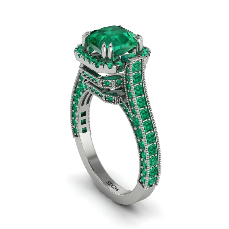 Ladies engagement rings retro romance -Emerald Three Halo Milgrain Engagement Ring - Mira No. 21