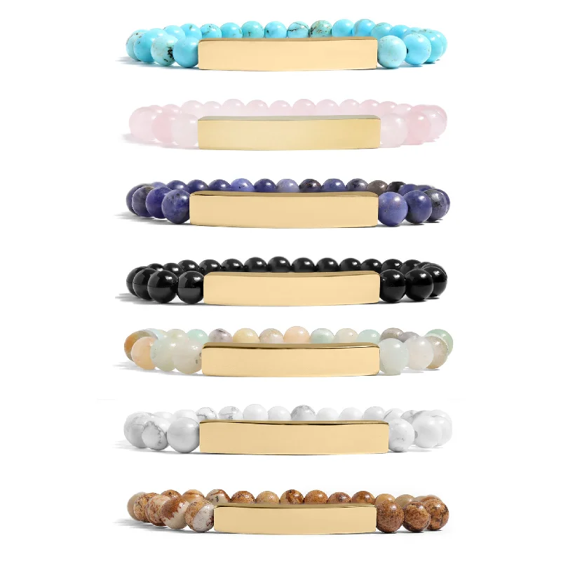 ladies-rustic-silver-bracelets-18K Gold PVD Stainless Steel Semi Precious Natural Stone Stretch Curved Bar Bracelet / SBB0278