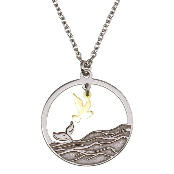 ladies-everyday-silver-necklaces-Sterling Silver 925 Two Toned Whale Tail and Bird Pendant Necklace