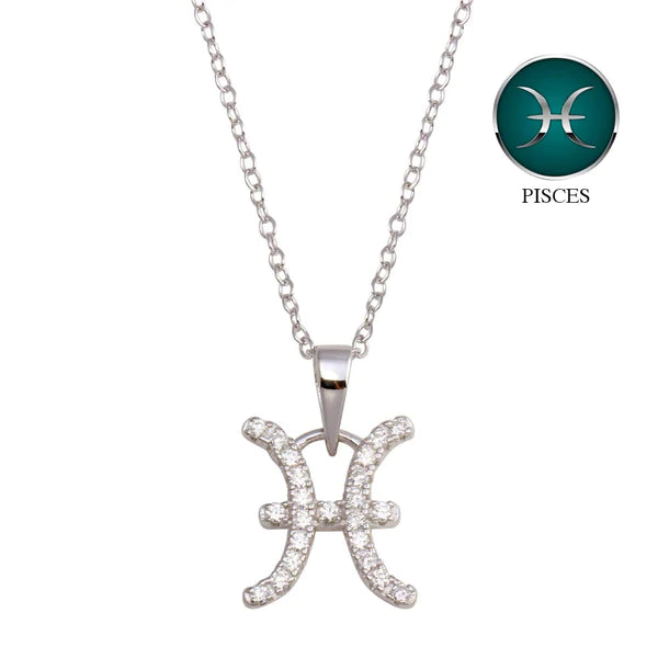 ladies-modern-silver-necklaces-Silver 925 Rhodium Plated Pisces CZ Zodiac Sign Necklace