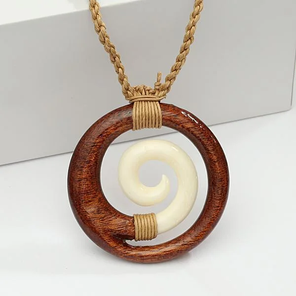 ladies-silver-tassel-necklaces-Koa Wood/Cow Bone Wave in Circle Necklace 40mm