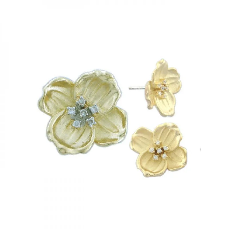 Ladies earrings for ear stacks -Clearance-Silver 925 Gold Plated Flower CZ Stud Earring and Necklace Set - STS00221